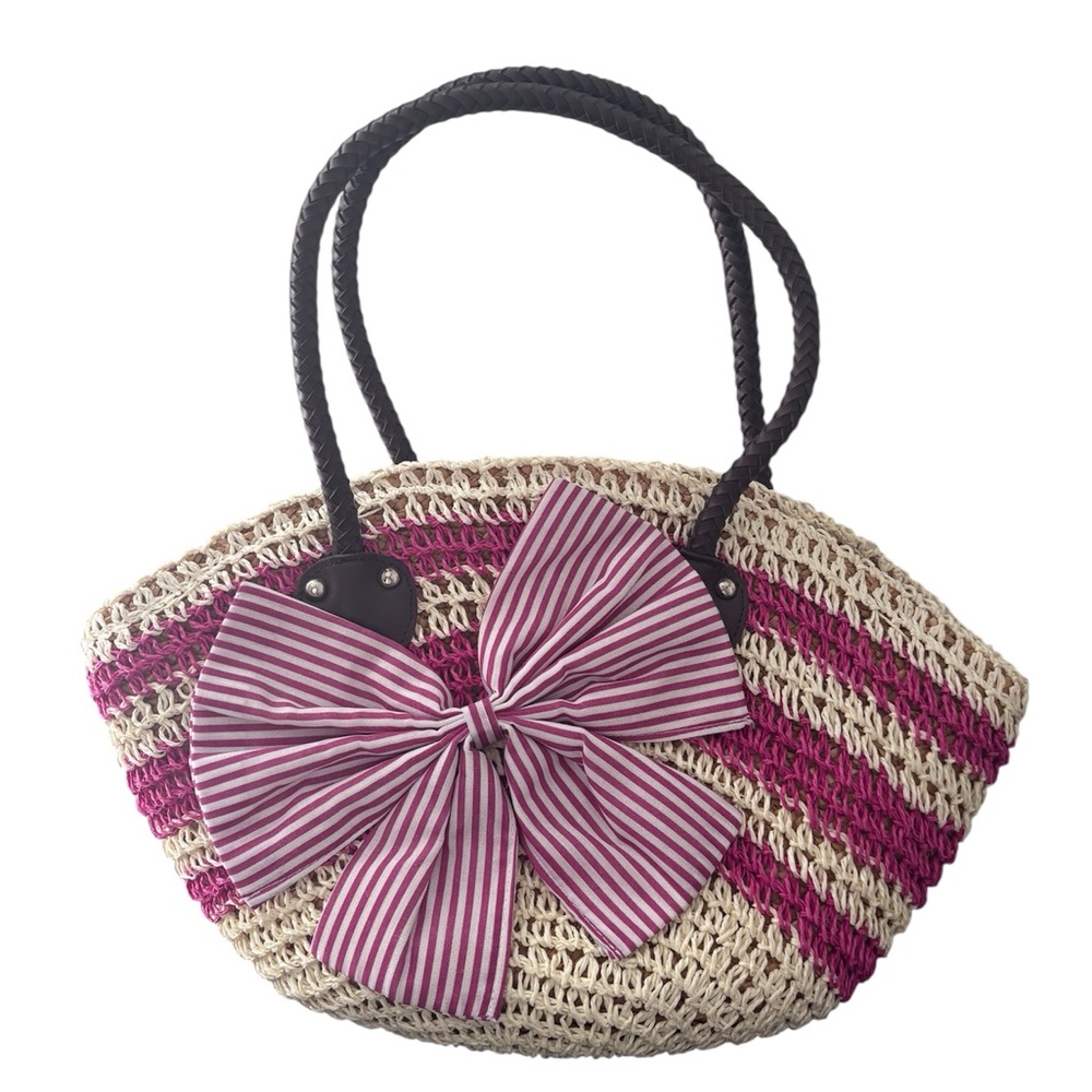 Striped Bow Accent Woven Tote Bag